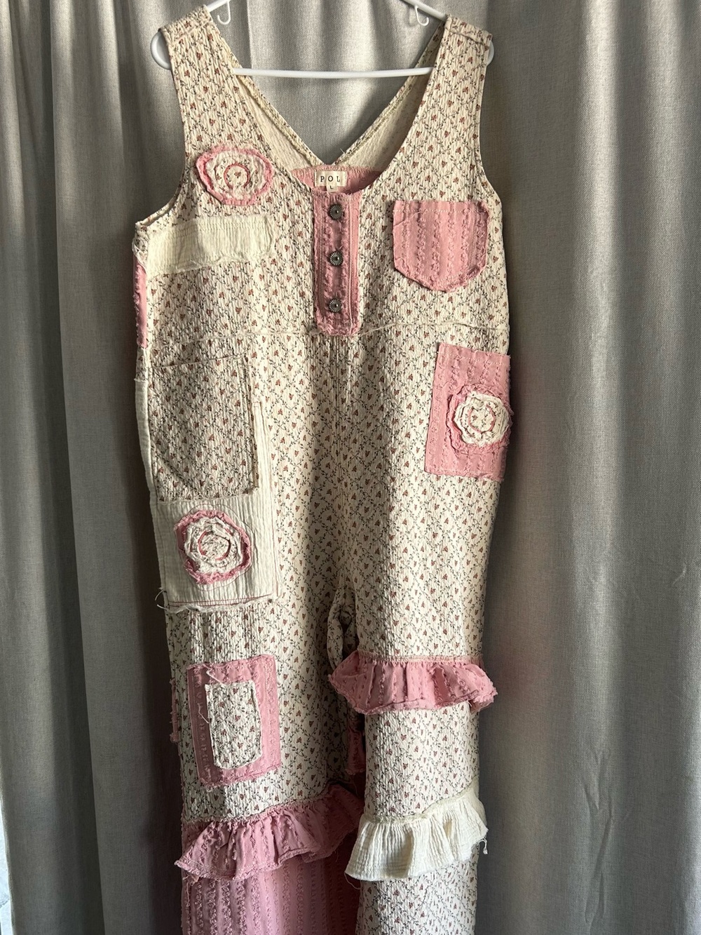 POL Cream Jumpsuit with Pink Patchwork and Ruffles
